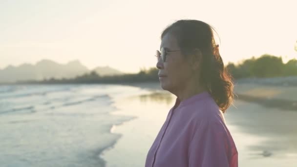 Conceito Viagem Resolução Uma Mulher Velha Asiática Está Respirando Feliz — Vídeo de Stock