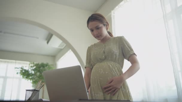 4K解像度の妊娠中の女性の概念 休暇で自宅で書類作業をするアジアの女性 — ストック動画