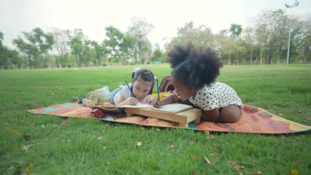 Conceito Férias Resolução Meninas Estão Desenhando Imagens Juntas Jardim — Vídeo de Stock