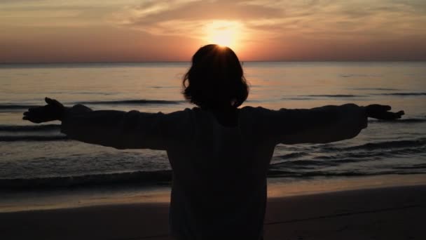 Концепція Подорожей Resolution Силует Жінки Дихає Пляжі — стокове відео