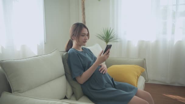 Těhotná Žena Koncepce Resolution Těhotná Žena Používající Smartphone Pohovce Doma — Stock video
