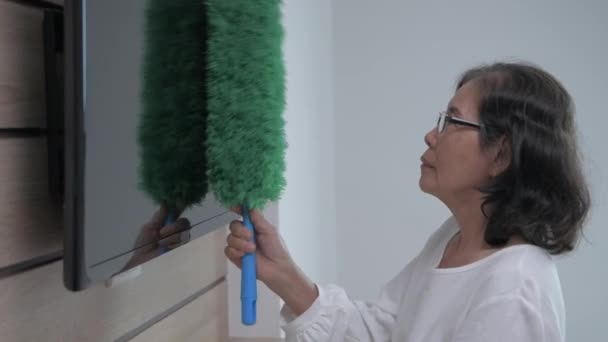 Holiday Concept Resolution Asian Elderly Woman Cleaning Furniture Living Room — Stock Video