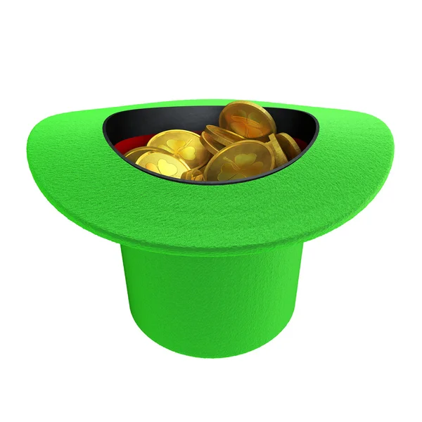 Green St. Patrick 's Day top Sombrero lleno de monedas de oro . — Foto de Stock