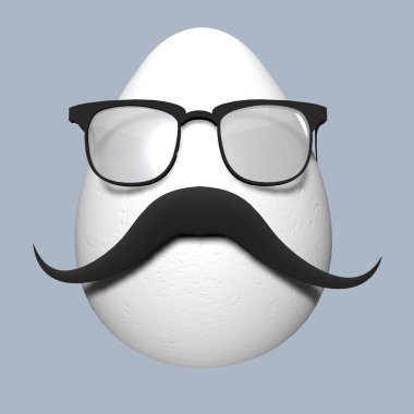 Siyah bıyıklı ve gözlük ile Paskalya yumurtası. 3d render gri arka plan üzerinde izole. Hipster yumurta Paskalya için