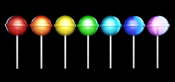 Лінія яскраво-кольорових льодяників. цукерки на паличці в ряд ізольовані на чорному тлі . — стокове фото