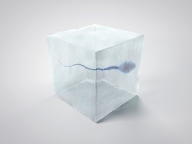Donmuş spermatozoon. Beyaz arka plan üzerinde ovule için yüzme sperm 3D çizimi.