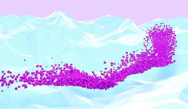 Pixel řeka. Abstraktní pozadí s polygonální hory a růžové kostky toku. — Stock fotografie