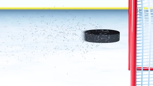 3D illustration av flyger in i målet hockey pucken lämnar spår av is skärvor. Hockey puck vid porten, selerctive fokus. — Stockfoto