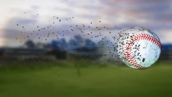 Ilustracja 3D latającego baseballu pozostawiając ślad kurzu i dymu. Spinning brudne baseball, selerctive ostrości. — Zdjęcie stockowe