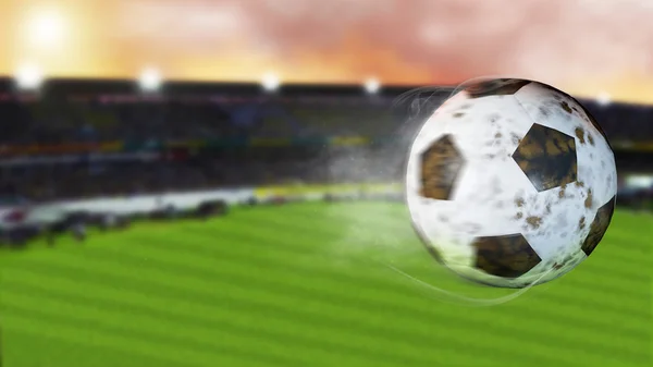 3D ilustrace létání s fotbalem zanecháním kouře. Sprostá fotbalová koule, nevodivá zaostření. — Stock fotografie