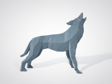 Origami kurt ulume 3d illüstrasyon. Çokgen kurt yan görünümü. Geometrik tarzı gri kurt. Üçgen kurt. 