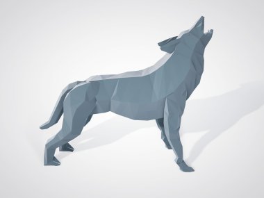 Origami kurt ulume 3d illüstrasyon. Çokgen kurt yan görünümü. Geometrik tarzı gri kurt. Üçgen kurt.