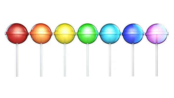 Line of brightly colored lollipops. Candies on stick in a row isolated on white background. Seven colors of the rainbow. The colors of the spectrum, 3d illustration — Stock Photo, Image