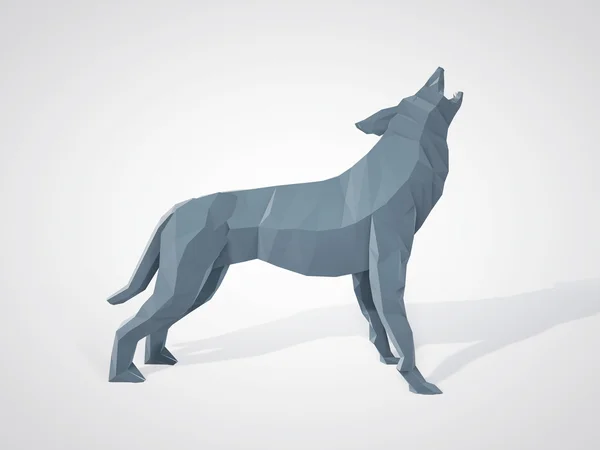 Ilustração 3D de origami uivando lobo. Vista lateral do lobo poligonal. Lobo cinzento de estilo geométrico. Lobo do triângulo . — Fotografia de Stock