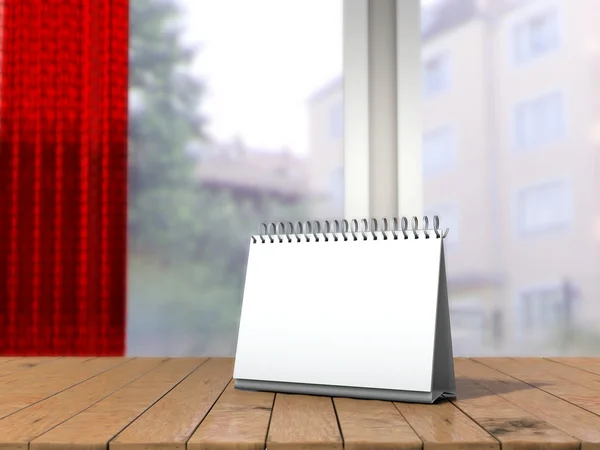 White loose-leaf calendar mock up in front of blurred background. Table tent on wooden table in blurred room mock up. 3d illustration of empty desk calendar selective focus. — Stock Photo, Image