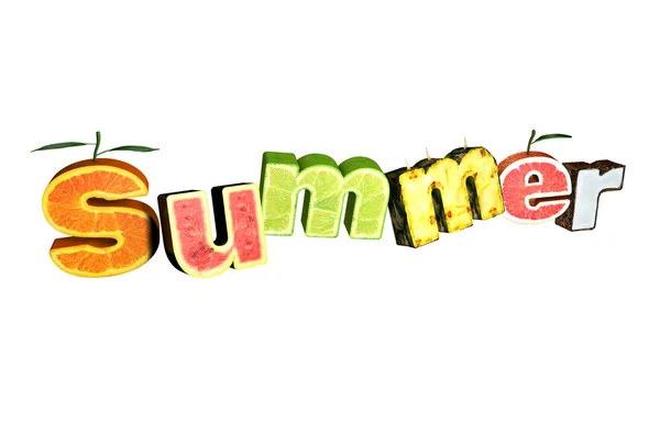 Sommar text gjord av olika sommarfrukter: apelsin, vattenmelon, lime, ananas, grapefrukt, kokos. Word Summer med frukt bokstäver, 3D illustration — Stockfoto