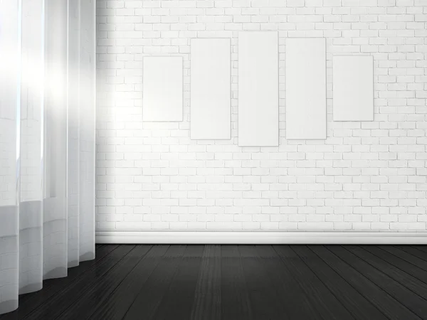Pictura multi-pânză goală pe perete pe interiorul mansardei luminoase. Multe postere goale batjocoresc pe peretele de cărămidă albă cu podea întunecată din lemn opusă ferestrei. Ilustrație 3d — Fotografie, imagine de stoc