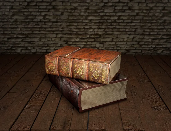 Tow old books isolated on wooden table, 3d illustration. Vintage, antiquarian books. Back to school education concept. — Stock Photo, Image