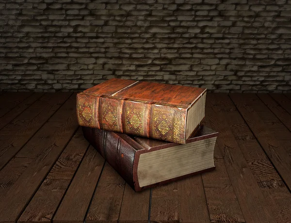 Reboque livros antigos isolados em mesa de madeira, ilustração 3d. Livros antigos, vintage. De volta ao conceito de educação escolar . Fotografia De Stock