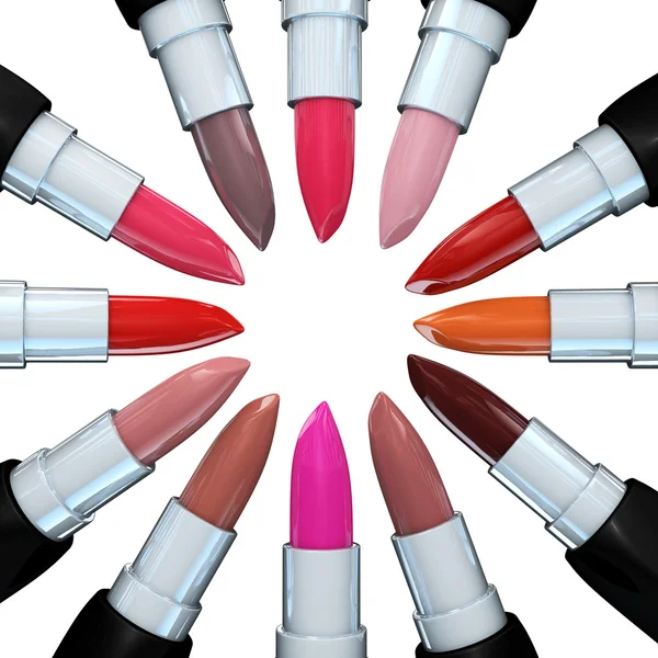 Set of lipsticks in a circle isolated on white. 3d illustration of lipstick, square — Stock Photo, Image