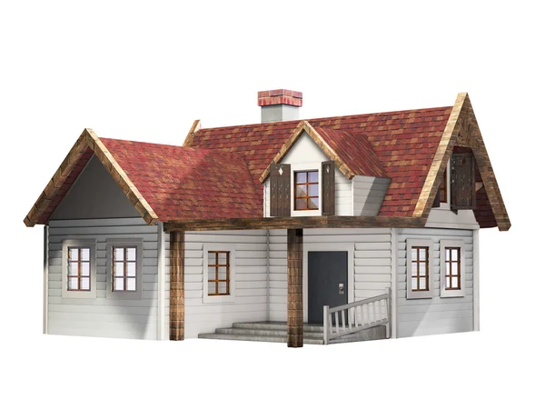 Liten fjällpanel rangerbangård hus med röda tak isolerade på en vit bakgrund, lilla stuga, 3d illustration Stockbild