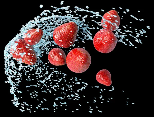 Φράουλα ολόκληρη σε splash water, απομονώνονται σε μαύρο φόντο — Φωτογραφία Αρχείου