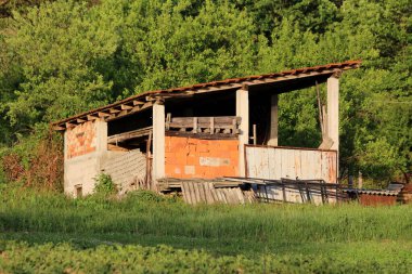 Tamamlanmamış gri beton ve kırmızı yapı blokları çatıdan paslı metal garaj kapılarına kadar çeşitli yapı malzemeleriyle dolu arka planda işlenmemiş çimenler ve sık ormanlarla çevrili.