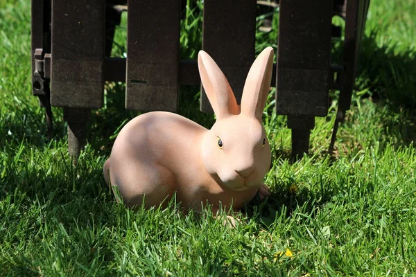 Creepy Ceramic Light Brown Garden Decoration Rabbit Looking Directly Camera — Stock Photo, Image