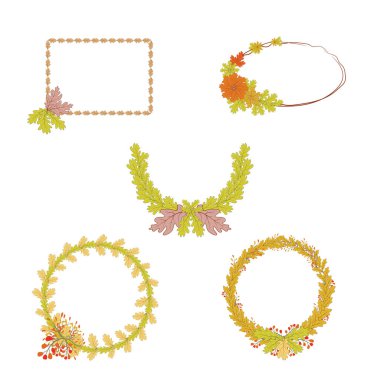 Meşe yaprağı çelenkleri. Kartpostal, kartpostal, tebrik kartı, davetiye, pankart, poster, baskı, reklam veya satış için beyaz arka planda izole çizimler.
