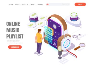 Genç adam çevrimiçi müzik, podcast, sesli iş dersleri listesi seçiyor. İniş sayfası için canlı servis kavramı
