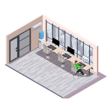 Çoklu Çalışma İstasyonları Olan Isometric Açık Uzay Ofisi