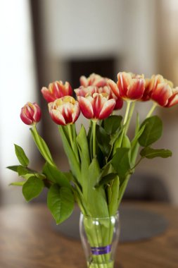 Masadaki vazoda kırmızı laleler duruyor.