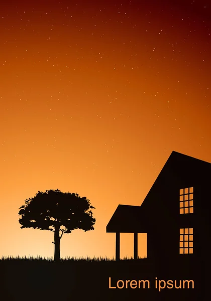 Illustration of a house with a tree at sunset. — Stock Vector