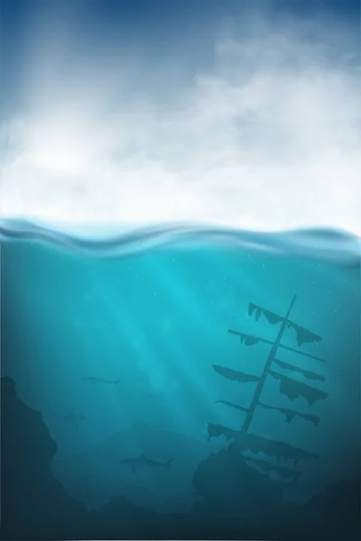 Realistischer Unterwasservektor mit Hai, Taucher und Meer — Stockvektor