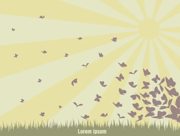 Mariposas voladoras en un paisaje verde — Vector de stock