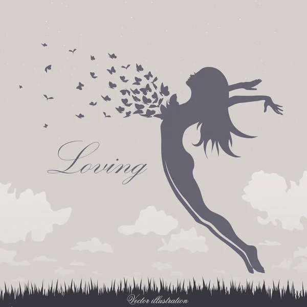 Девушка с бабочками в прыжке — стоковый вектор