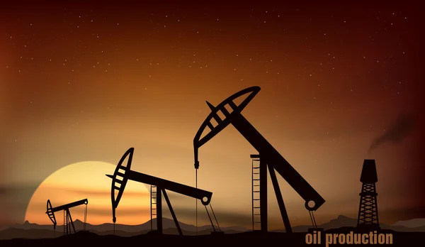 Producción de petróleo desde las torres al atardecer — Vector de stock