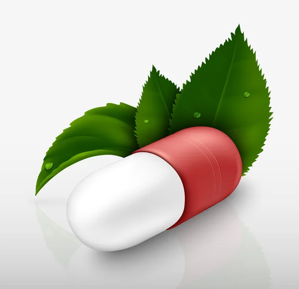 Pill capsule with green leaves — Stock Vector