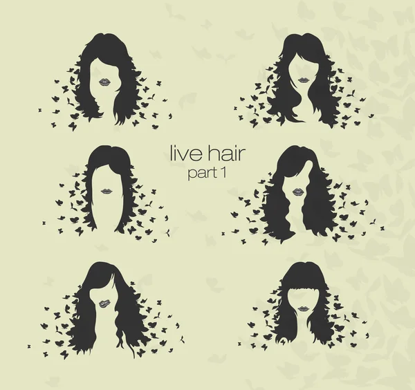 Penteados de mulheres e cabelo com borboletas — Vetor de Stock