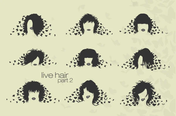 Womens hairstyles and hair with butterflies — Stock Vector