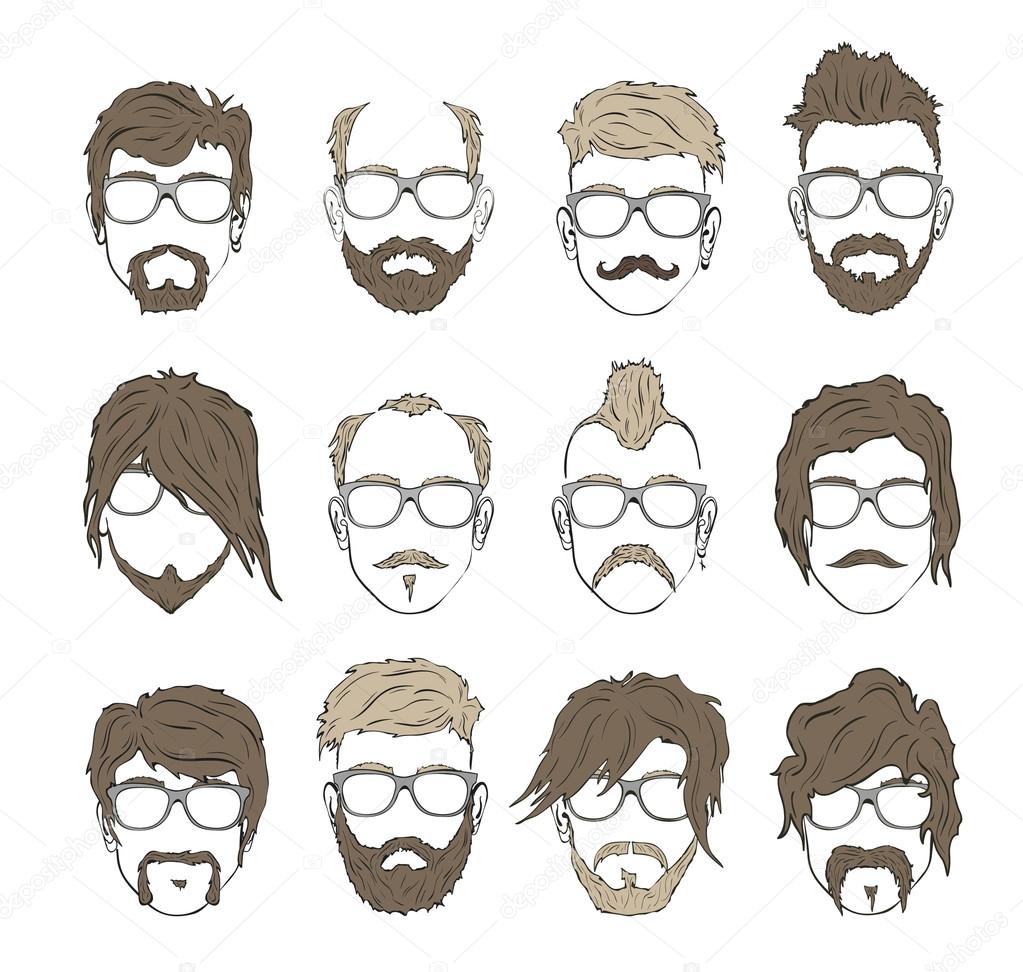 Hipster mustache, beard and hairstyle set