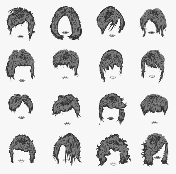 Penteados femininos e corte de cabelo conjunto —  Vetores de Stock