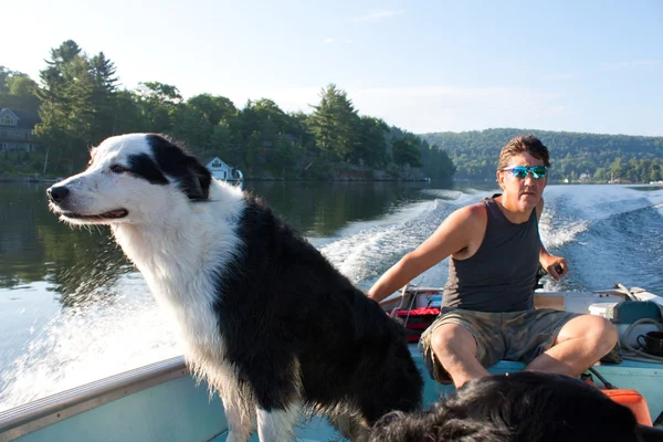 Dog loves fishing boat — Stock Photo, Image