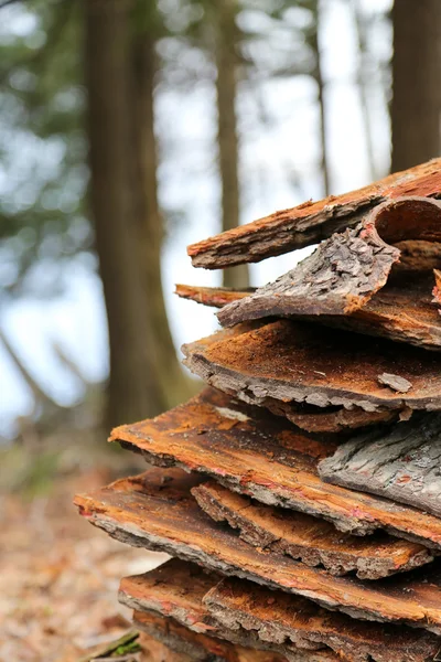 Holzrinde am Lagerfeuer gestapelt — Stockfoto