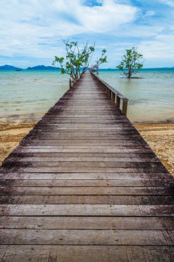Denizin üzerinde uzun ahşap köprü