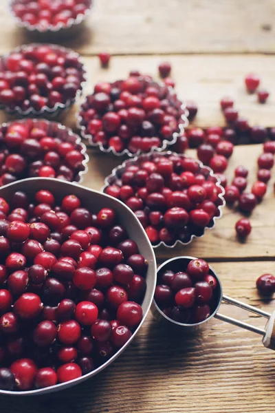 Ripe Organic Cranberry Rustic Wooden Table Fresh Berries Bowls Autumn — Stock Photo, Image