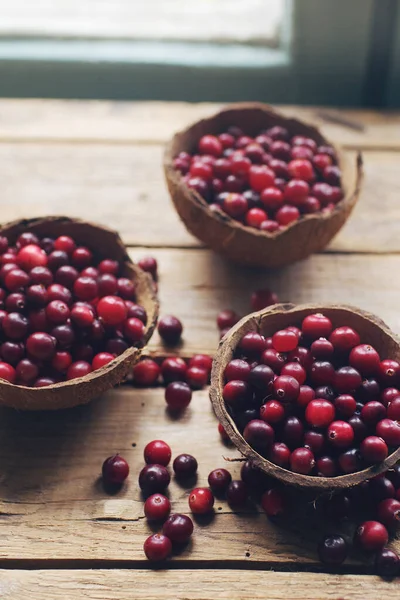 Ripe Organic Cranberry Rustic Wooden Table Fresh Berries Bowls Autumn — Stock Photo, Image