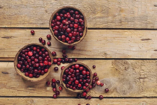 Ripe Organic Cranberry Rustic Wooden Table Fresh Berries Bowls Autumn — Stock Photo, Image