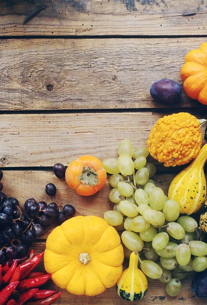 Herbst Stillleben Hintergrund Mit Frischem Obst Und Gemüse Auswahl Reifen — Stockfoto