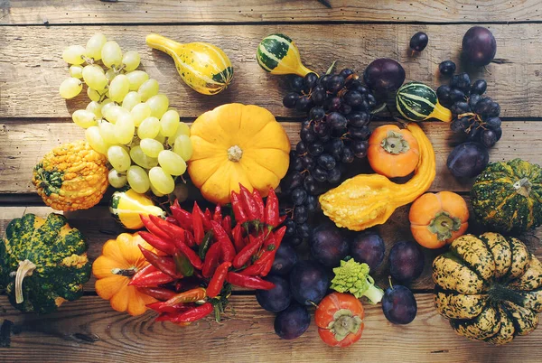Fondo Bodegón Otoño Con Frutas Verduras Orgánicas Frescas Surtido Ciruelas —  Fotos de Stock